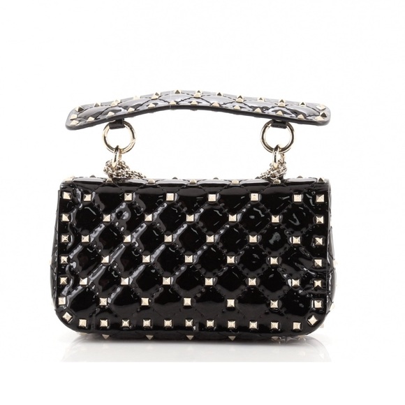 Valentino Black Rockstud Spike Flap Bag Quilted Patent Leather Small - Picture 3 of 15